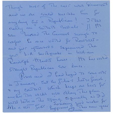 Lot #1081 Gone With the Wind: Olivia de Havilland: “He once voted for Roosevelt—and just afterwards experienced the great LA earthquake in William Randolph Hearst’s house. He has voted straight Republican ever since” - Image 4