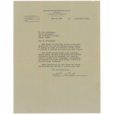 Lot #545 Edgar Rice Burroughs: ?Am glad that you liked the Martian stories, which, of course, in a way, are favorites of mine? - Image 1