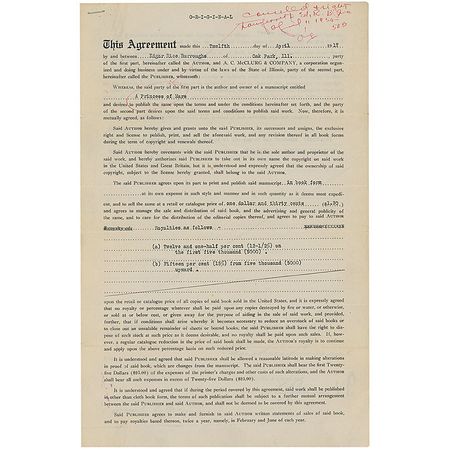 Lot #547 Edgar Rice Burroughs: Burroughs agrees to royalties for his Princess of Mars novel - Image 1