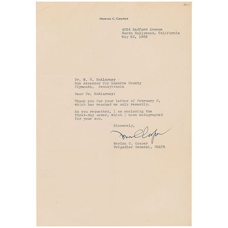Lot #1060 Merian C. Cooper: Director of the original King Kong responds to an autograph request - Image 1