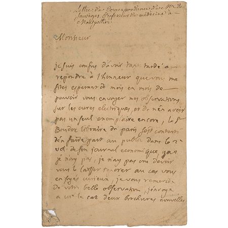 Lot #328 François Boissier de Sauvages de la Croix: The French scientist comments on Ben Franklin’s work in 1752 - Image 1
