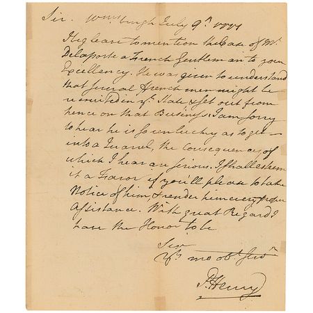Lot #225 Patrick Henry: In the midst of the Revolution, the patriot remembered for his famed declaration, “Give me liberty or give me death!” requests a favor for a Frenchman volunteering service - Image 1