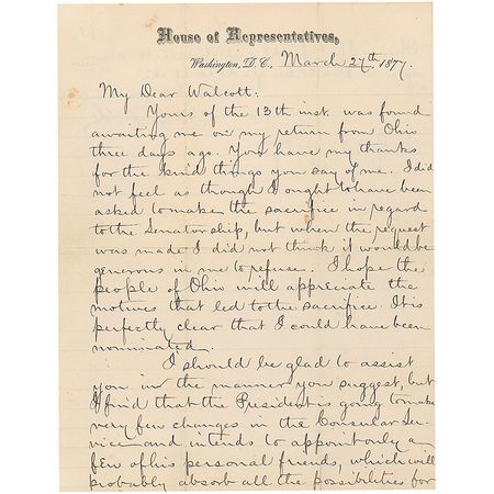 Lot #39 James A. Garfield: In a frank letter on the politics of his abandoned senate bid, Garfield observes that the new 
