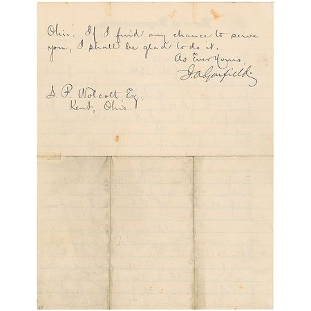 Lot #39 James A. Garfield: In a frank letter on the politics of his abandoned senate bid, Garfield observes that the new 