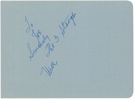 Lot #1130 Three Stooges: Pristine individual signatures from Larry, Moe, and Curly - Image 1