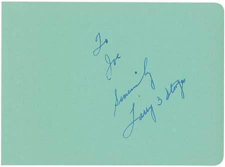 Lot #1130 Three Stooges: Pristine individual signatures from Larry, Moe, and Curly - Image 3