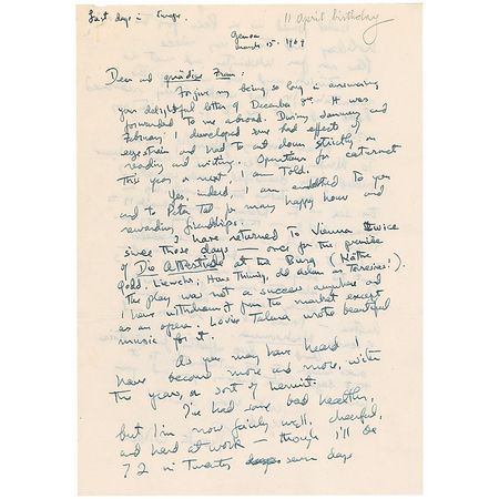 Lot #668 Thornton Wilder: “As you may have heard I have become more and more, with the years, a sort of hermit...but now I’m fairly well, cheerful, and hard at work” - Image 1