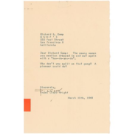 Lot #677 Frank Lloyd Wright: Wright advises his San Francisco art dealer on a purchase - Image 1