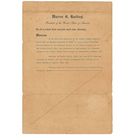 Lot #42 Warren G. Harding: Scarce presidential pardon from one of the nation?s most corrupt cabinets - Image 1