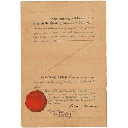 Lot #42 Warren G. Harding: Scarce presidential pardon from one of the nation?s most corrupt cabinets - Image 2