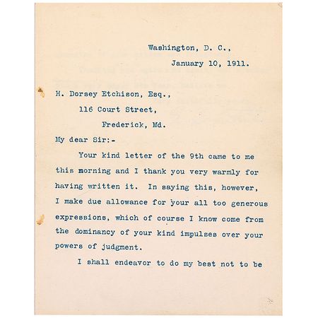 Lot #348 Supreme Court: Edward Douglass White: White humbly accepts congratulations upon his appointment as Chief Justice - Image 1