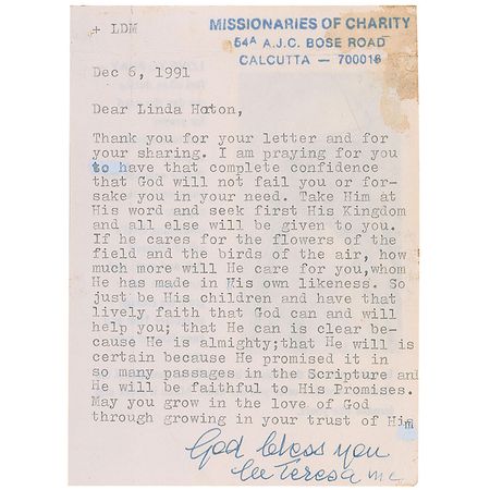 Lot #278 Mother Teresa Typed Letter Signed - Image 1