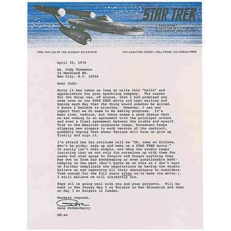 Lot #1125 Star Trek: Gene Roddenberry: While in final negotiations for the first Star Trek film, its creator complains “the studio keeps insisting that we…forgive and forget anything they may owe us from bad bookkeeping” - Image 1