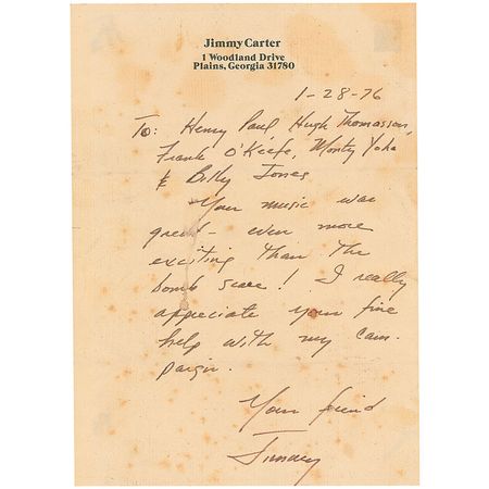 Lot #13 Jimmy Carter: In a rare handwritten