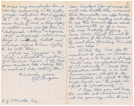 Lot #570 Charles L. Dodgson: The renowned author derides his noisy Salvationist neighbors: ?These musical processions are not only a great nuisance themselves, but are the means of bringing together a mob of all the worst and noisiest?? - Image 2