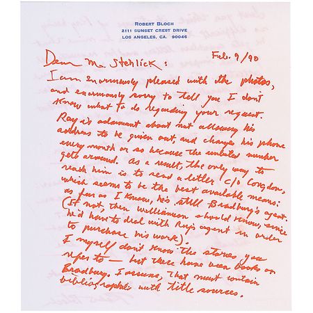 Lot #537 Robert Bloch: ?Ray [Bradbury] is adamant about not allowing his address to be given out, and changes his phone number every month? - Image 1
