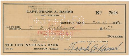 Lot #40 Frank Hamer Check - Image 1