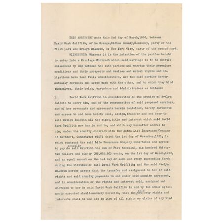 Lot #1100 D. W. Griffith: Wiser after his first divorce, the legendary director signs a 1936 prenuptial agreement with his second wife - Image 1