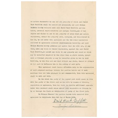 Lot #1100 D. W. Griffith: Wiser after his first divorce, the legendary director signs a 1936 prenuptial agreement with his second wife - Image 2