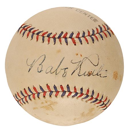 Lot #1404 Babe Ruth and Lou Gehrig: Ruth and Gehrig sign a ball for an amateur hurler in 1928 - Image 1