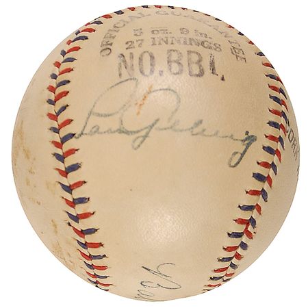 Lot #1404 Babe Ruth and Lou Gehrig: Ruth and Gehrig sign a ball for an amateur hurler in 1928 - Image 2