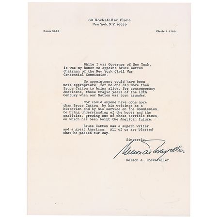 Lot #340 Nelson Rockefeller: ?No one did more than Bruce Catton to bring alive, for contemporary Americans, those tragic years of the 19th Century when our Nation was torn asunder? - Image 1