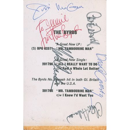 Lot #846 The Byrds: The Byrds sign a promo for their ?Great New LP,? Mr. Tambourine Man - Image 1