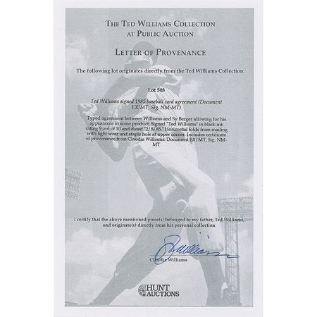 Lot #1409 Ted Williams: ?I?m pleased to be included in the Topps All-Time Record Holders and the Topps All-Time Home Run Kings Series of Picture Cards? - Image 2