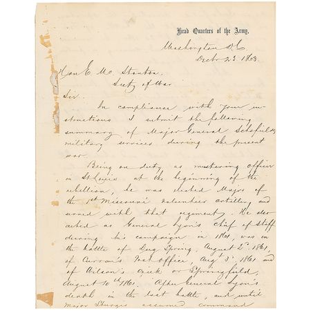 Lot #440 Henry W. Halleck: As requested by Lincoln, Stanton receives Halleck?s 1863 report for the soon-to-be former commander of the Department of Missouri: When General Grant was before Vicksburg, General Schofield sent him all the available forces - Image 1