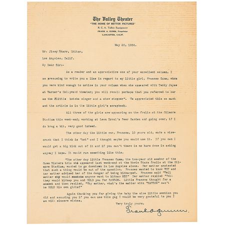Lot #1101 Frank Gumm: “In regard to my little girl, Frances Gumm...you will recall perhaps that you referred to her as the ‘little hotcha singer and a showstopper’” - Image 1