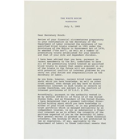 Lot #112 Ronald Reagan: “It is my judgment that it is in the public interest to grant you a limited waiver with respect to certain of your activities as Secretary of Labor” - Image 1