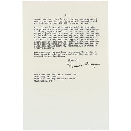 Lot #112 Ronald Reagan: “It is my judgment that it is in the public interest to grant you a limited waiver with respect to certain of your activities as Secretary of Labor” - Image 2