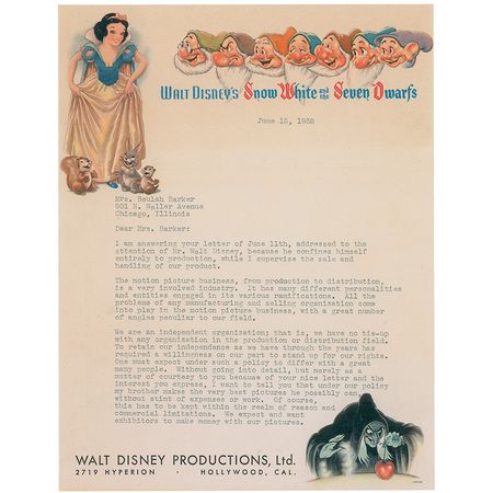 Lot #1087 Roy Disney: Disney defends the high cost of Snow White, the world?s first sound and color animated feature film: ?my brother makes the very best pictures he possibly can, without stint of expenses or work? - Image 1