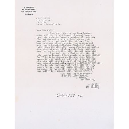 Lot #643 Al Hirschfeld: Hirschfeld defends his style: ?My tiny gifts, if any, have concentrated on character, personality, and other mysterious, indefinable, flashes of insight? - Image 1