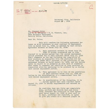 Lot #1136 Vincent Price Signed Document - Image 1
