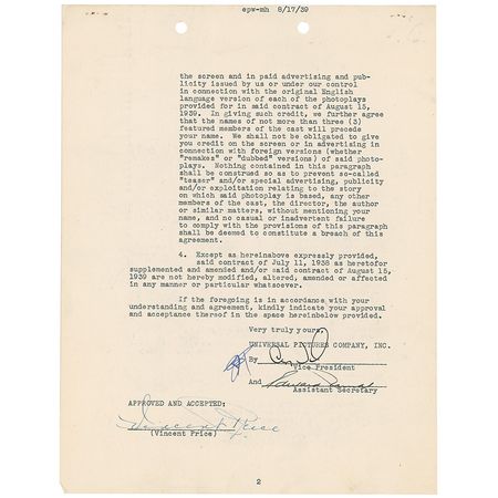 Lot #1136 Vincent Price Signed Document - Image 2