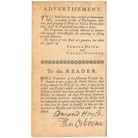 Lot #652 Edmond Hoyle: Hoyle signs a non-pirated copy of his Treatise on Whist - Image 1