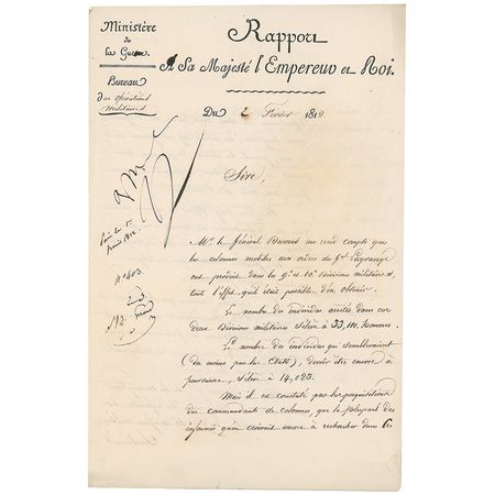 Lot #312 Napoleon: Napoleon searches for soldiers for the Russian campaign of 1812: “14,023 are still to be pursued…but most of those draft dodgers are either dead or have disappeared long ago” - Image 1