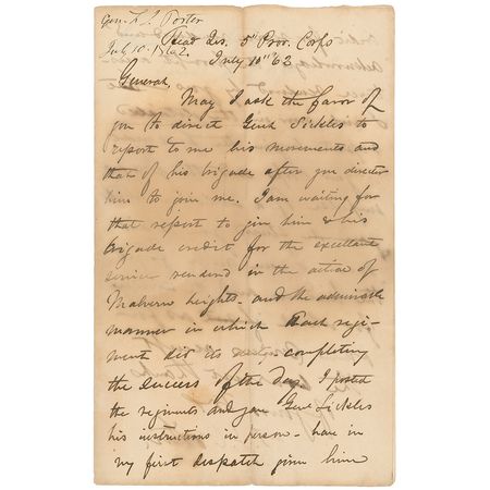 Lot #471 Fitz John Porter: Porter seeks to commend Sickles for his actions at Malvern Hill in the Seven Days Battle - Image 1