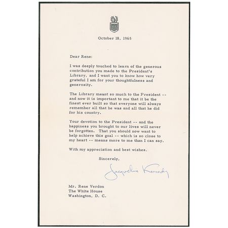 Lot #78 Jacqueline Kennedy: Jackie thanks her White House chef for his ?generous contribution you made to the President?s Library? - Image 1