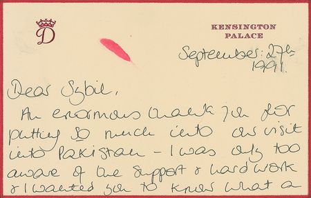 Lot #206 Diana: Referring to her secretary as a Fawlty Towers mainstay, The Princess expresses her gratitude after a trip to Pakistan - Image 1