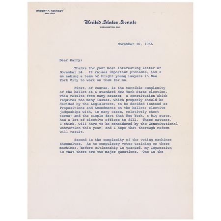 Lot #276 Robert F. Kennedy: With voting rights extended to minorities in 1965, RFK tackles the complexities of casting a ballot with the ‘Voice of the Hudson Valley’ - Image 1