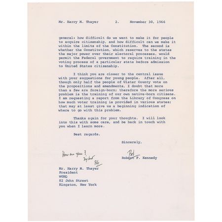 Lot #276 Robert F. Kennedy: With voting rights extended to minorities in 1965, RFK tackles the complexities of casting a ballot with the ‘Voice of the Hudson Valley’ - Image 2