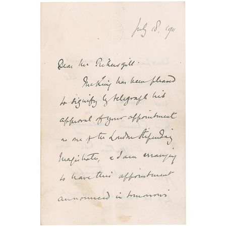 Lot #186 Winston Churchill: Churchill appoints a magistrate whom he hopes will ?make for the humane & enlightened administration of justice? - Image 1