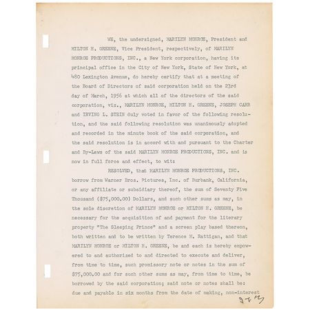 Lot #1133 Marilyn Monroe: Marilyn acquires the rights for The Sleeping Princess?what would become The Prince and The Showgirl - Image 1