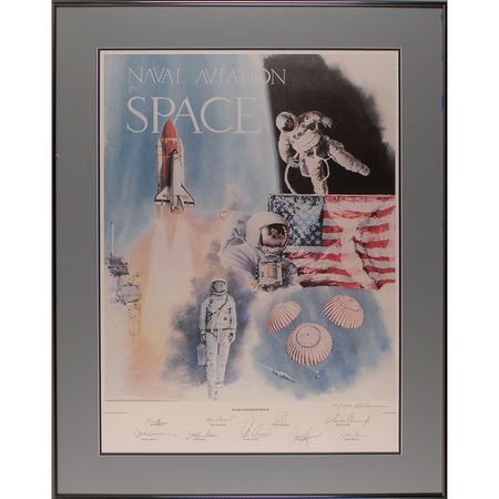 Lot #546 Naval Aviation in Space: Difficult-to-find print signed by nine space pioneers, including Armstrong - Image 1
