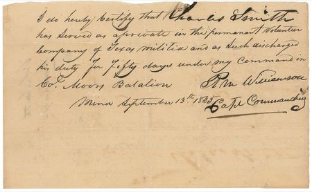 Lot #458 Robert McAlpin Williamson: Texas militia discharge issued to Alamo defender Charles Smith - Image 2