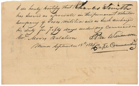 Lot #458 Robert McAlpin Williamson: Texas militia discharge issued to Alamo defender Charles Smith - Image 1