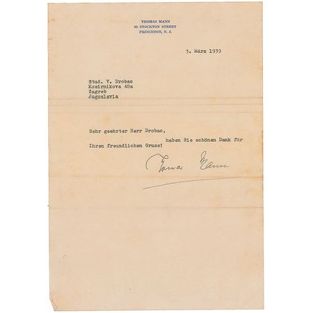 Lot #784 Thomas Mann Typed Letter Signed - Image 1