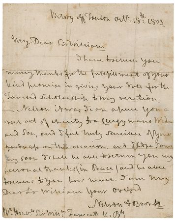Lot #530 Horatio Nelson: While leading the blockade of Toulon aboard the Victory, Nelson thanks an officer honoring his brother, ?a real act of charity to a clergy man?s Widow and son? - Image 1